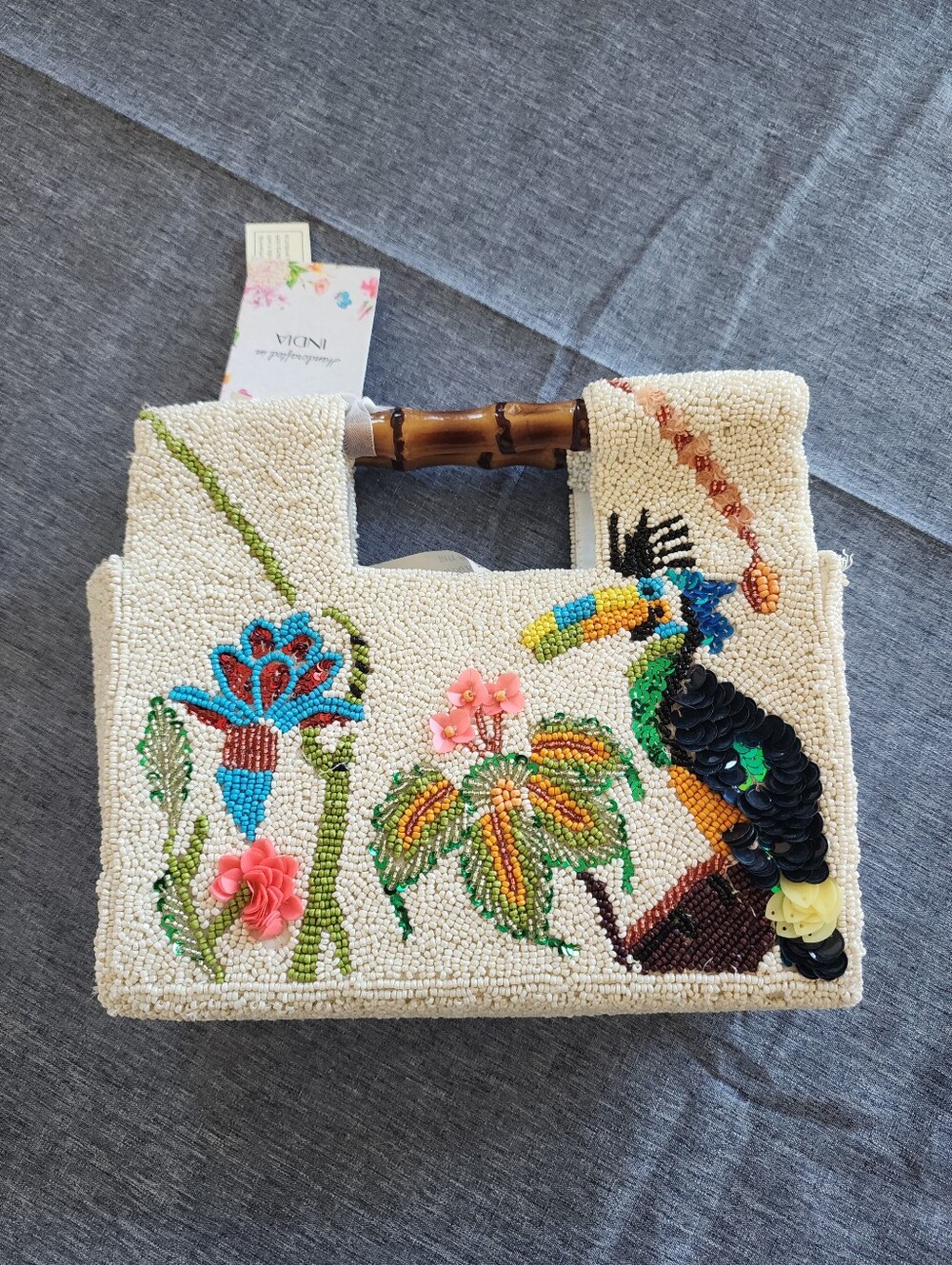 Handcrafted In India Cream Beaded Toucan Handbag with Bamboo Handle NWT